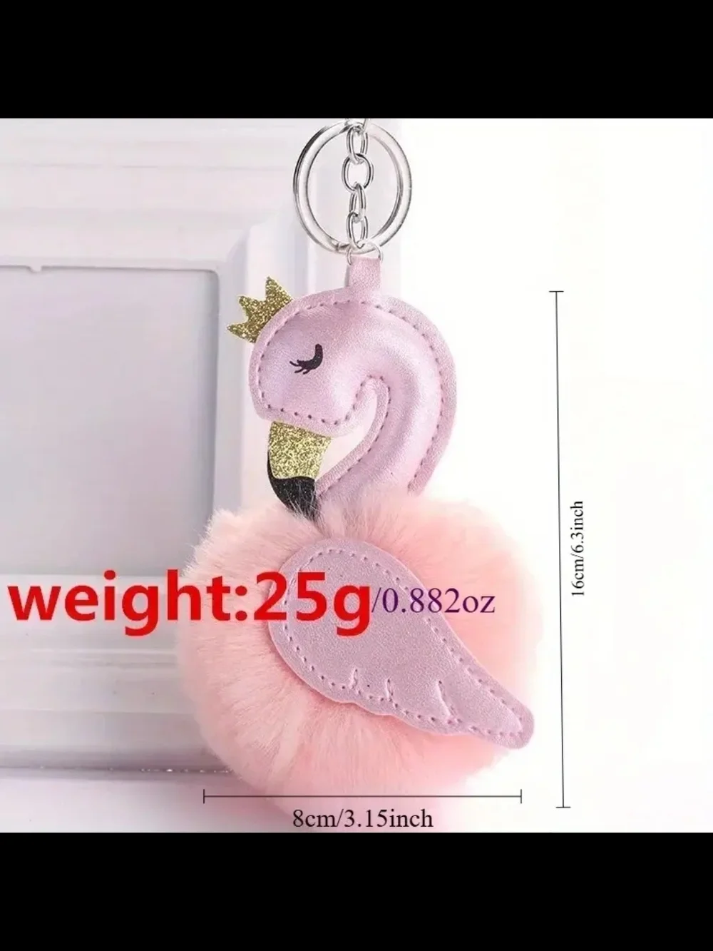 Pink Flamingo Pom Bag Charm  Keychain with Gold Crown